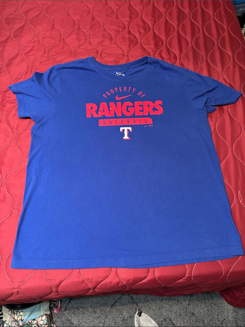 Nike Royal Blue Texas Rangers Logo Tee with Red Print
